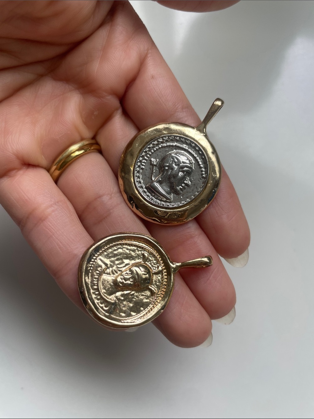Coin Medallion Pendant Pair in Gold and Silver Tones